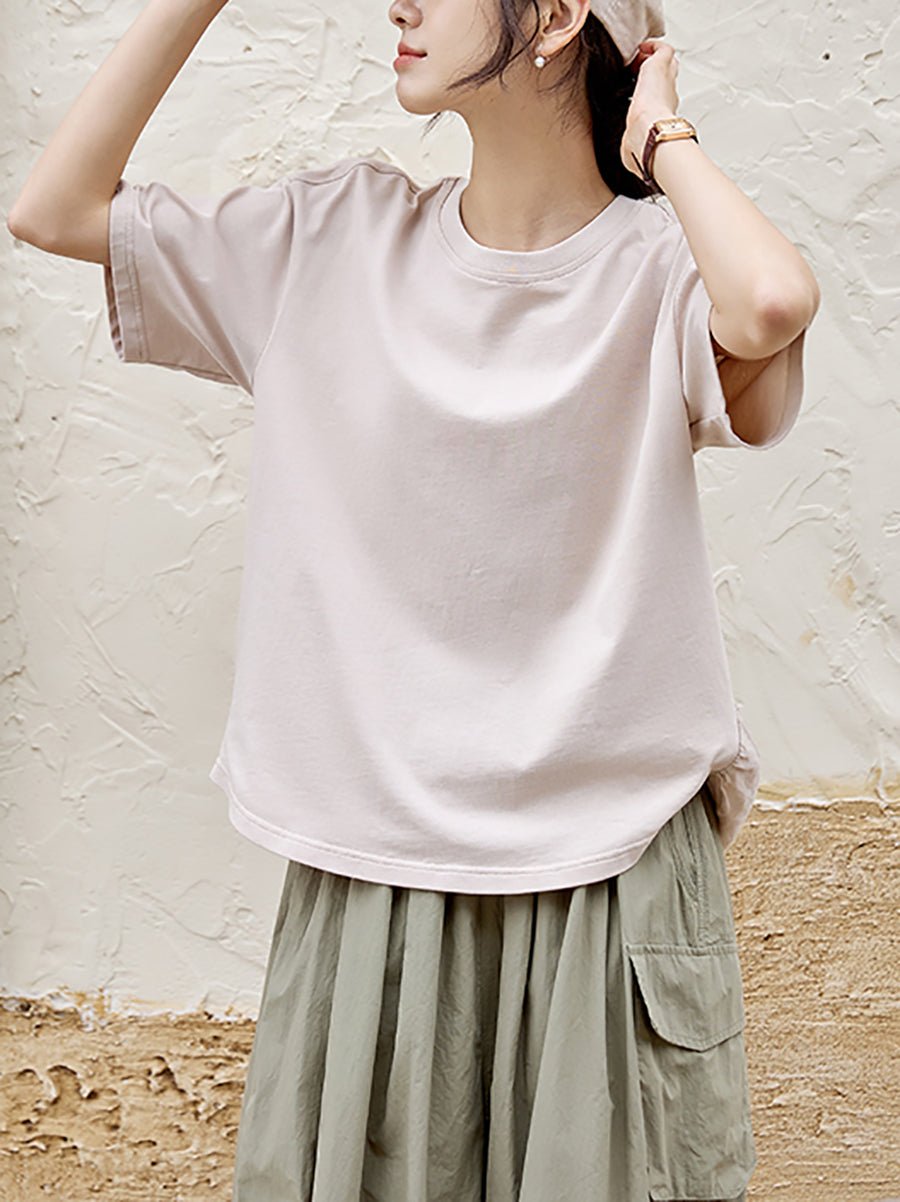 Women Summer Pure Color Cotton Linen Spliced Shirt