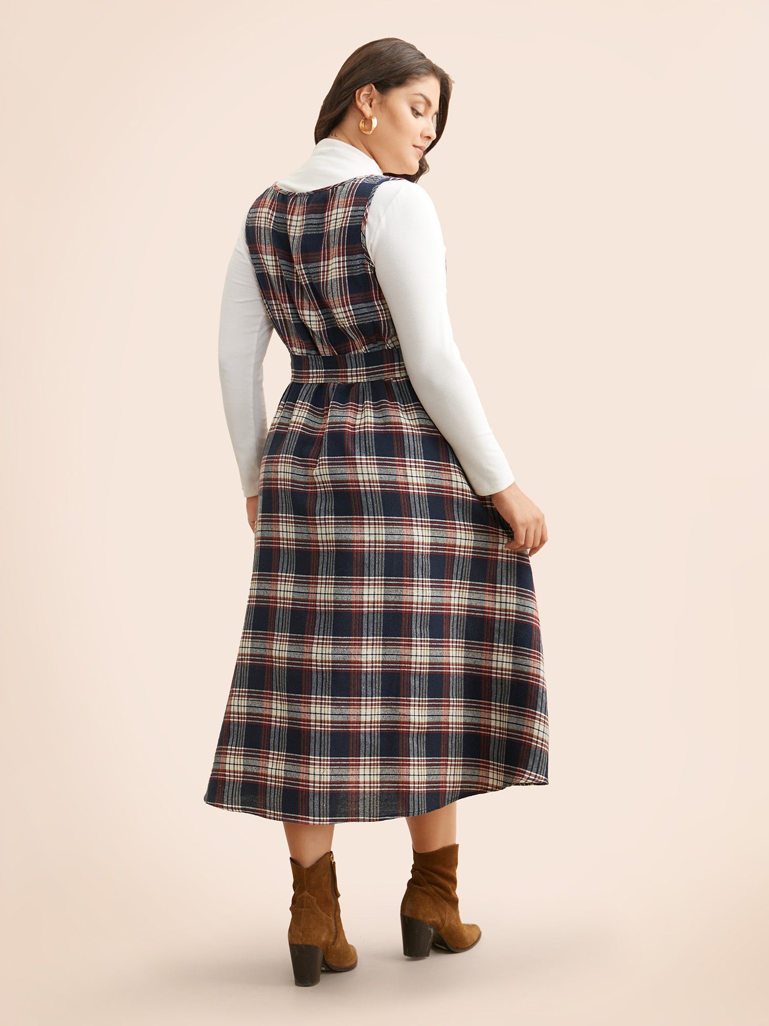 Square Neck Plaid Belted Dress