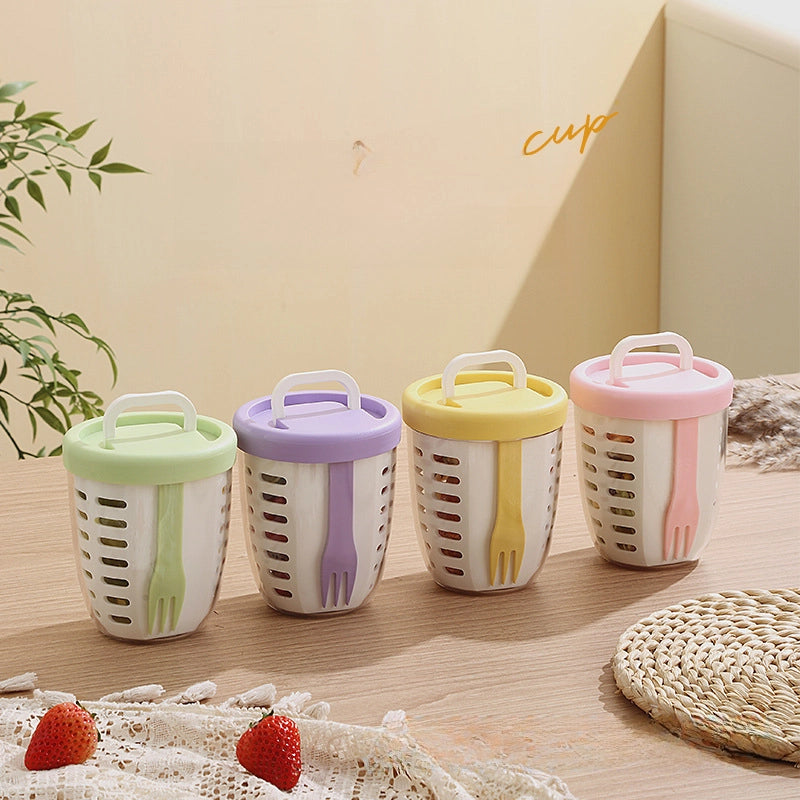 Leachable Fruit Cup With Fork Portable Picnic Box Large Capacity Storage Poke Plastic Cup Sealed Leakproof Salad Box