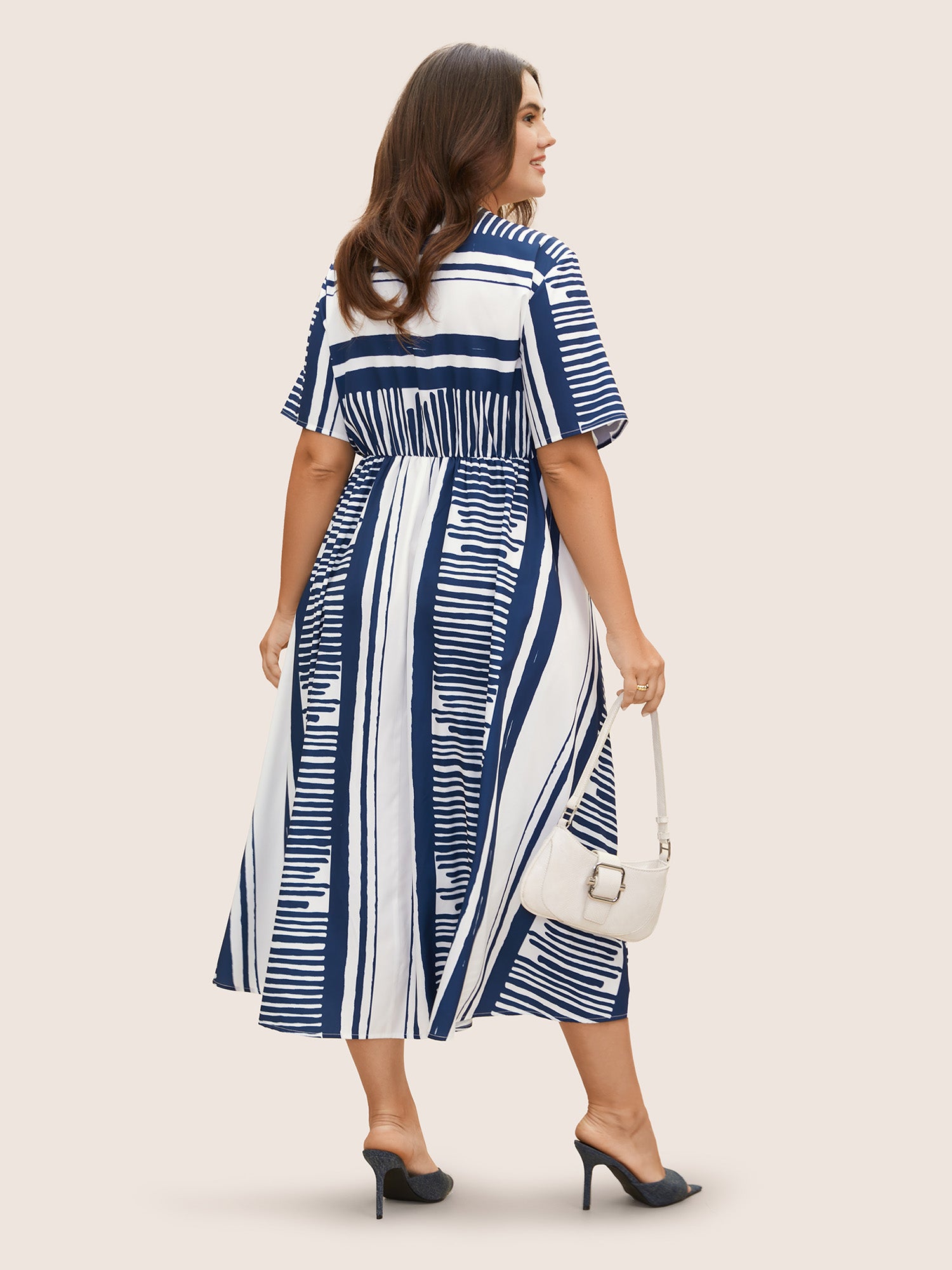 Notched Collar Striped Patchwork Drawstring Dress