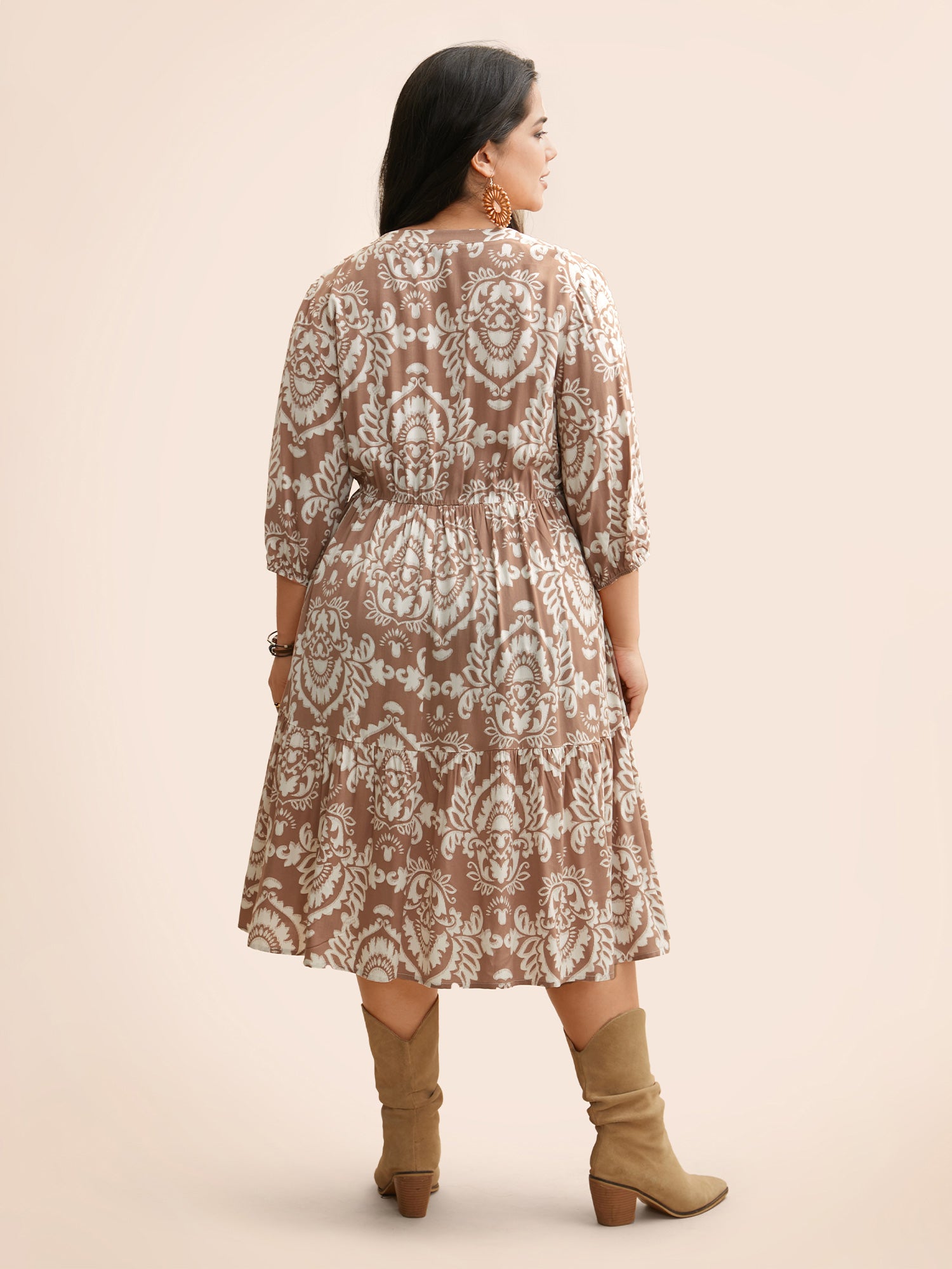 Boho Print Tie Knot Puff Sleeve Dress