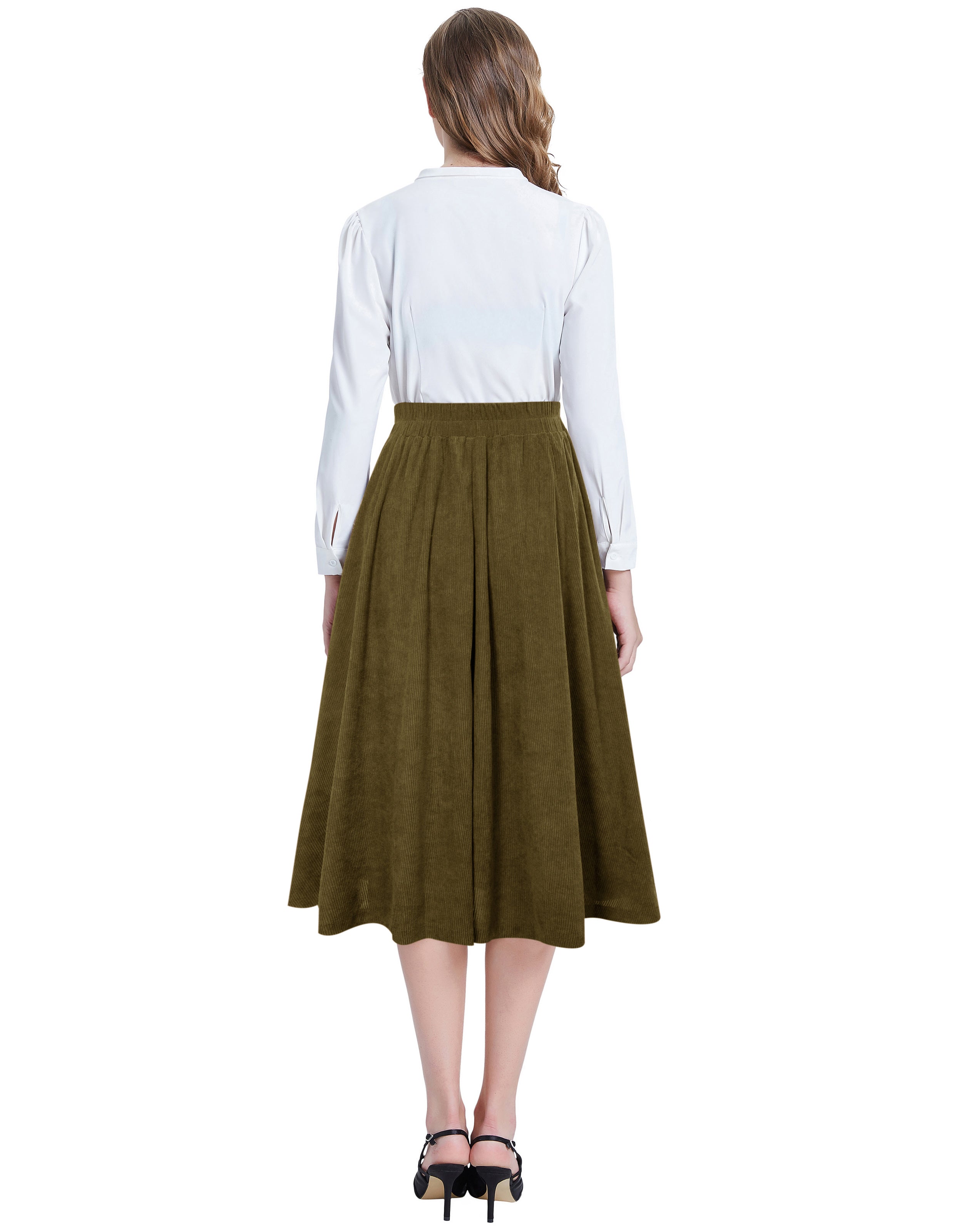 Vintage Corduroy Skirt Elastic High Waist Buttons Decorated Swing Skirt with Pockets