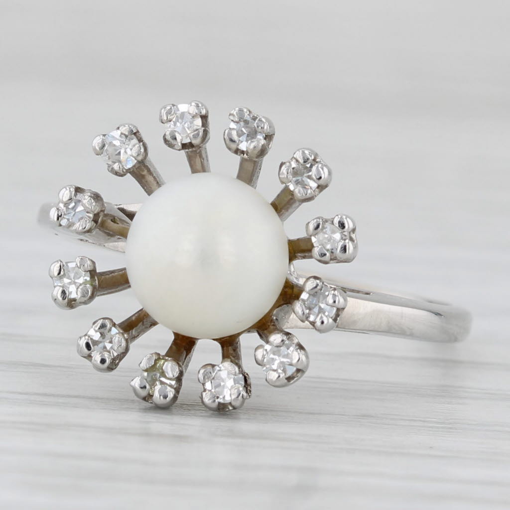 Vintage Cultured Pearl 0.15ctw Diamond Halo Ring 14k White Gold Size 9.25