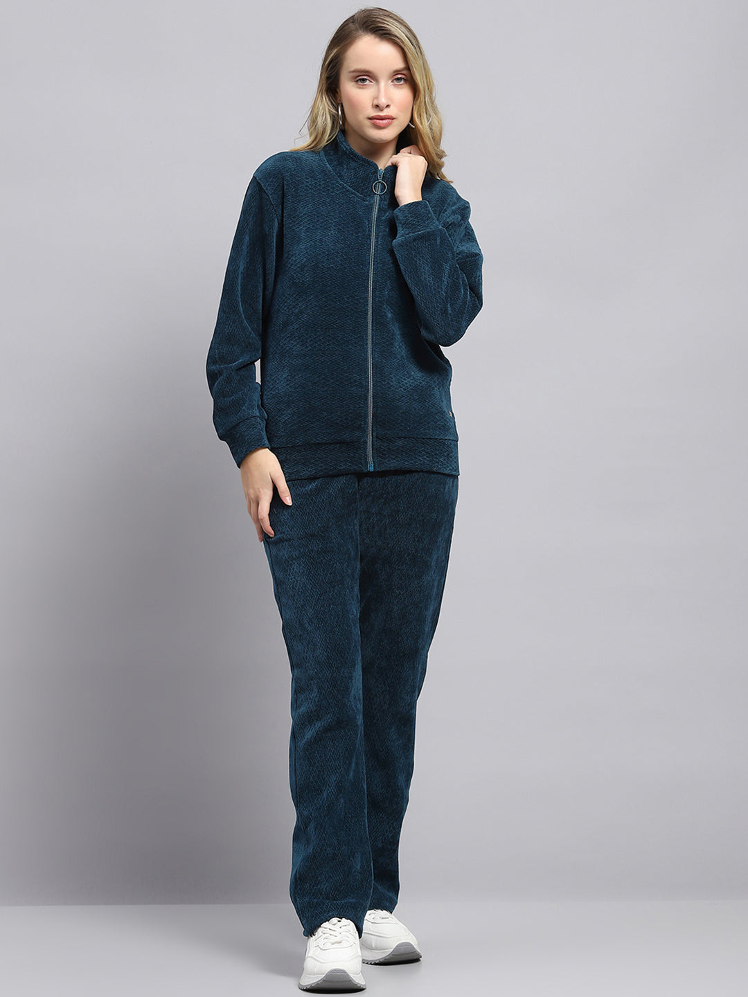 Women Teal Blue Self Design Mock Neck Full Sleeve Tracksuit