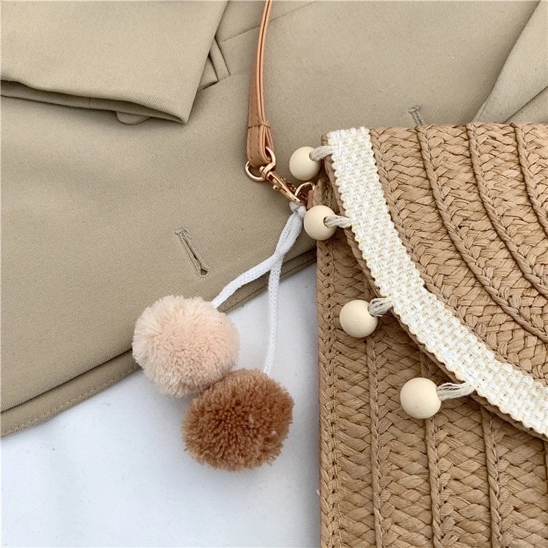 Women's Medium Straw Color Block Classic Style Square Magnetic Buckle Shoulder Bag
