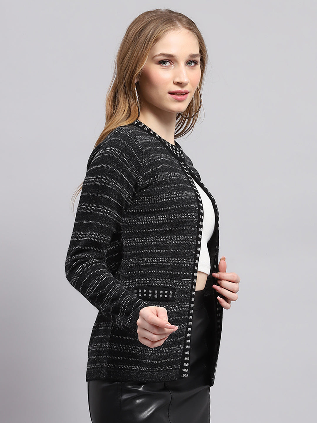 Women Black Self Design Round Neck Full Sleeve Cardigan