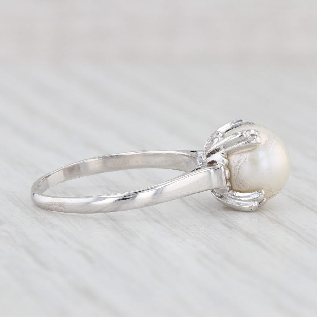 Vintage Cultured Pearl Solitaire Ring 14k White Gold Size 7.75