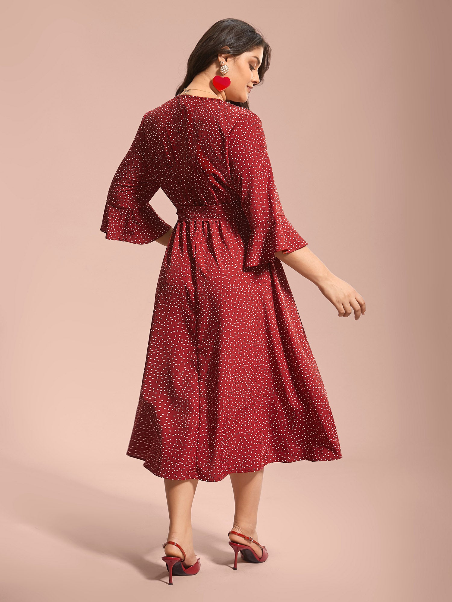 Polka Dots Waist-Tie Ruffled Midi Dress