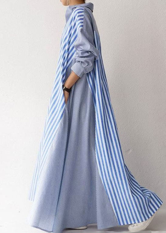 Modern Blue Peter Pan Collar Striped Cotton Dress Long Sleeve Spring