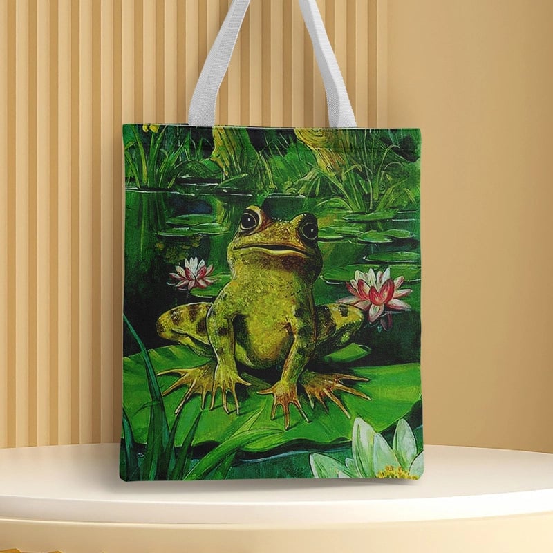 Women's Medium Canvas Frog Basic Classic Style Square Open Canvas Bag