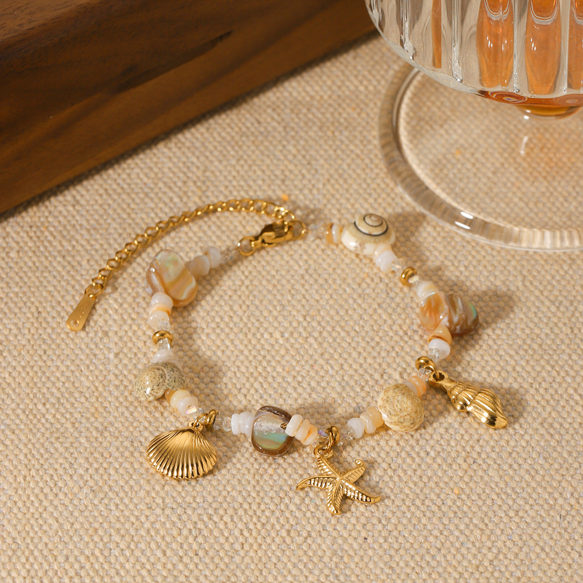Stainless Steel Conch Starfish Shell Bracelet Female Niche Design Ocean Style Shell Beaded Hand Jewelry