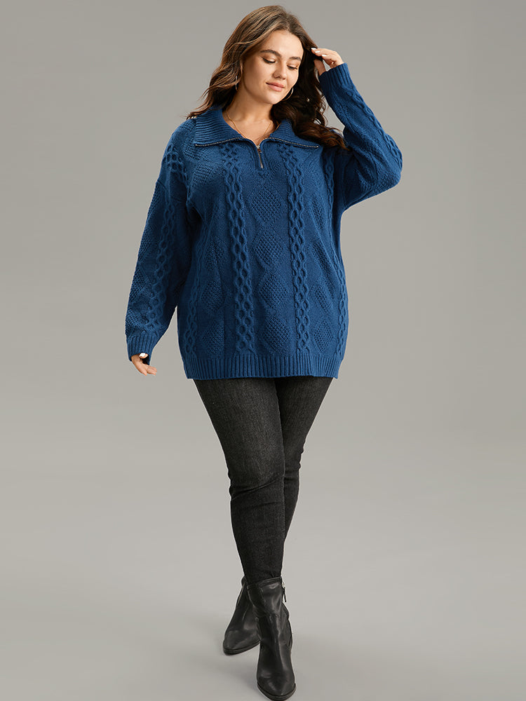 Zipper Lapel Collar Cable Knit Pullover