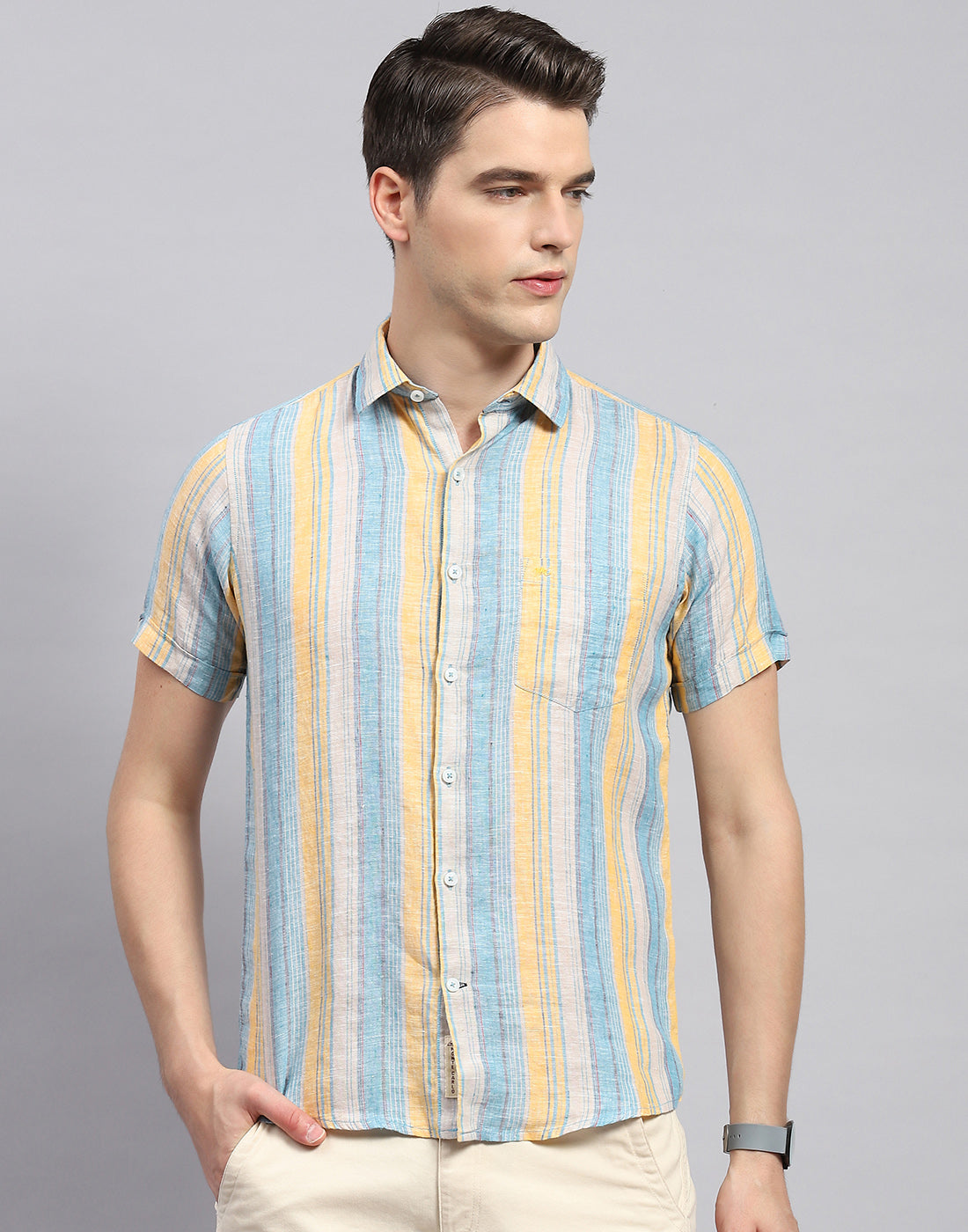 Men Multicolor Stripe Collar Neck Half Sleeve Shirt