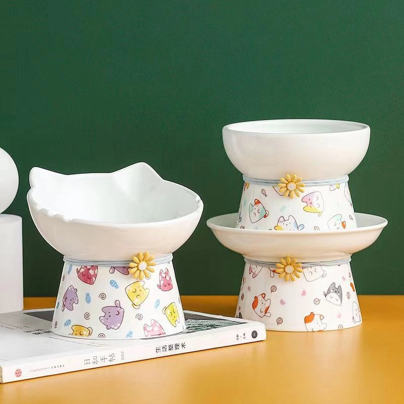 Cat Bowl Ceramic Cat Food Basin Dog Bowl Anti-overturning Integrated High Foot Inclined Mouth Cute Cat Shape Drinking Water Food Basin Pet