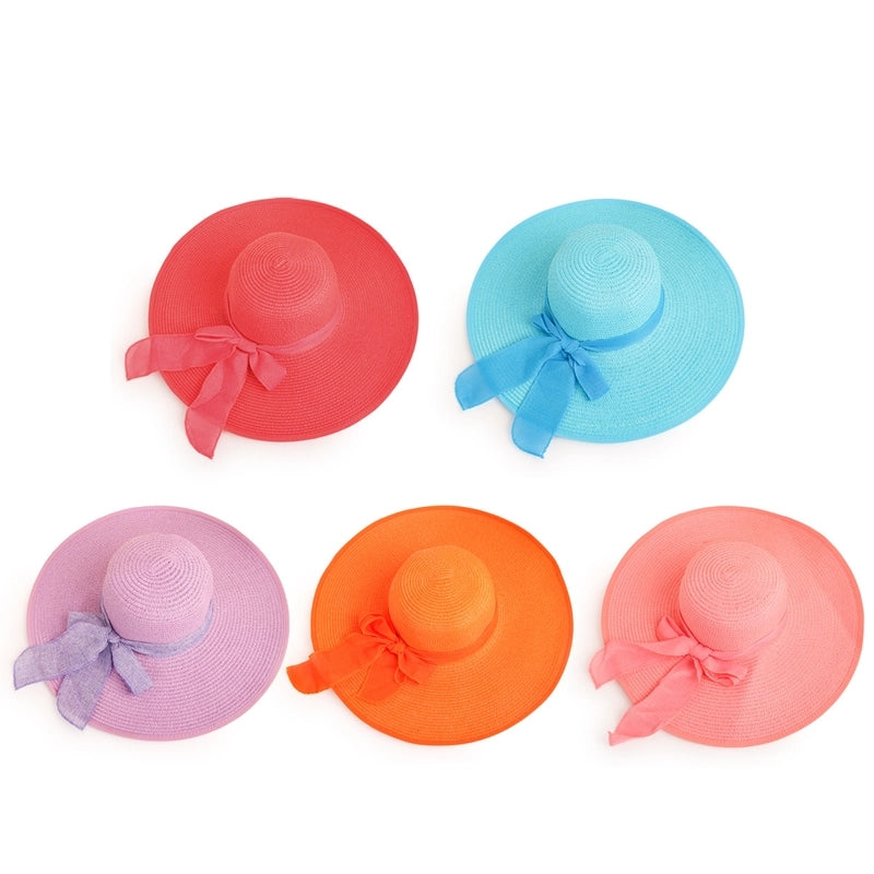 Fashion Solid Color Big Eaves Sunshadebowknot Straw Hat