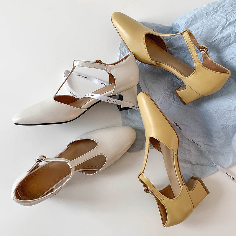 50mm Block Heel Leather T-Strap Mary Jane Summer Shoes in Yellow/White
