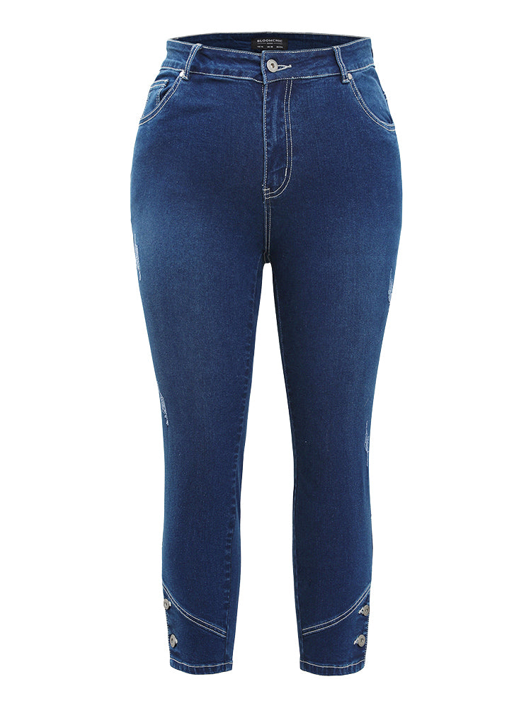 Very Stretchy High Rise Dark Wash Button Hem Jeans