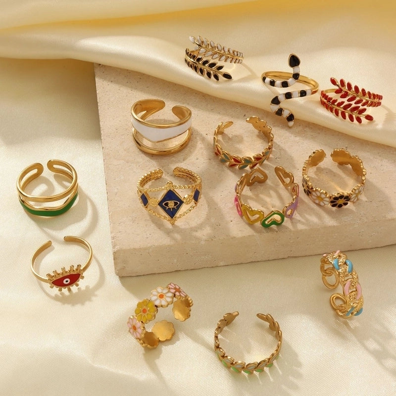 Retro Eye Flower Snake 304 Stainless Steel 18K Gold Plated Enamel Open Rings