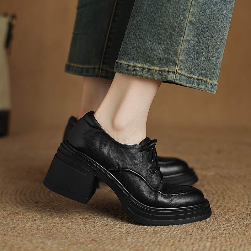 Women Round Toe Lace Up Leather Chunky Derby Shoes 70mm Block Heel in Brown/Black
