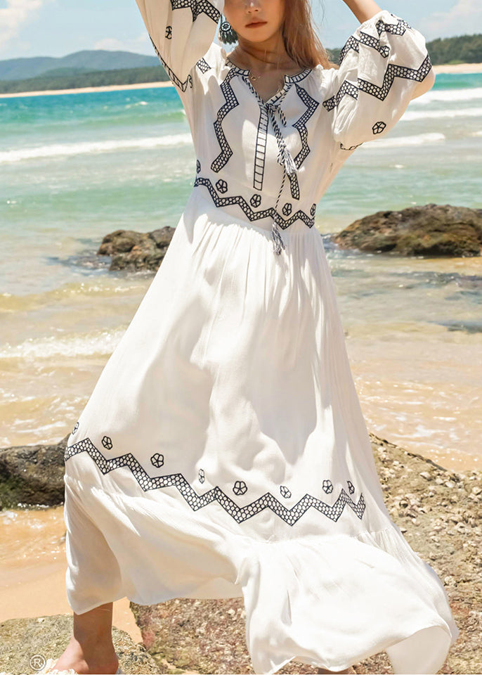 Italian White Embroidered Lace Up Cotton Long Dresses Fall