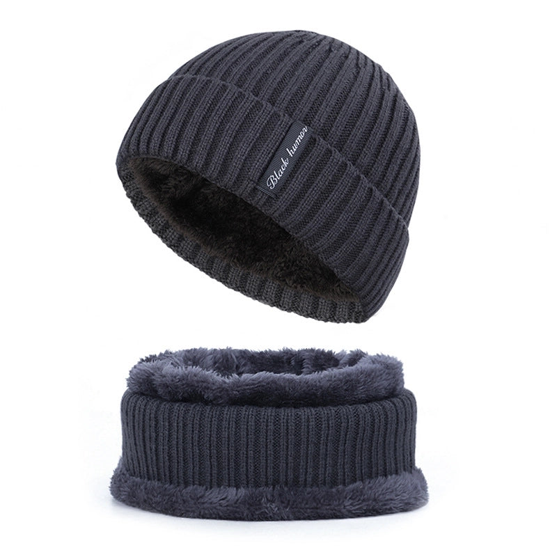 Autumn And Winter New Men's Style Knitted Hat Plus Velvet Padded Scarf Two-piece Warm Knitted Hat