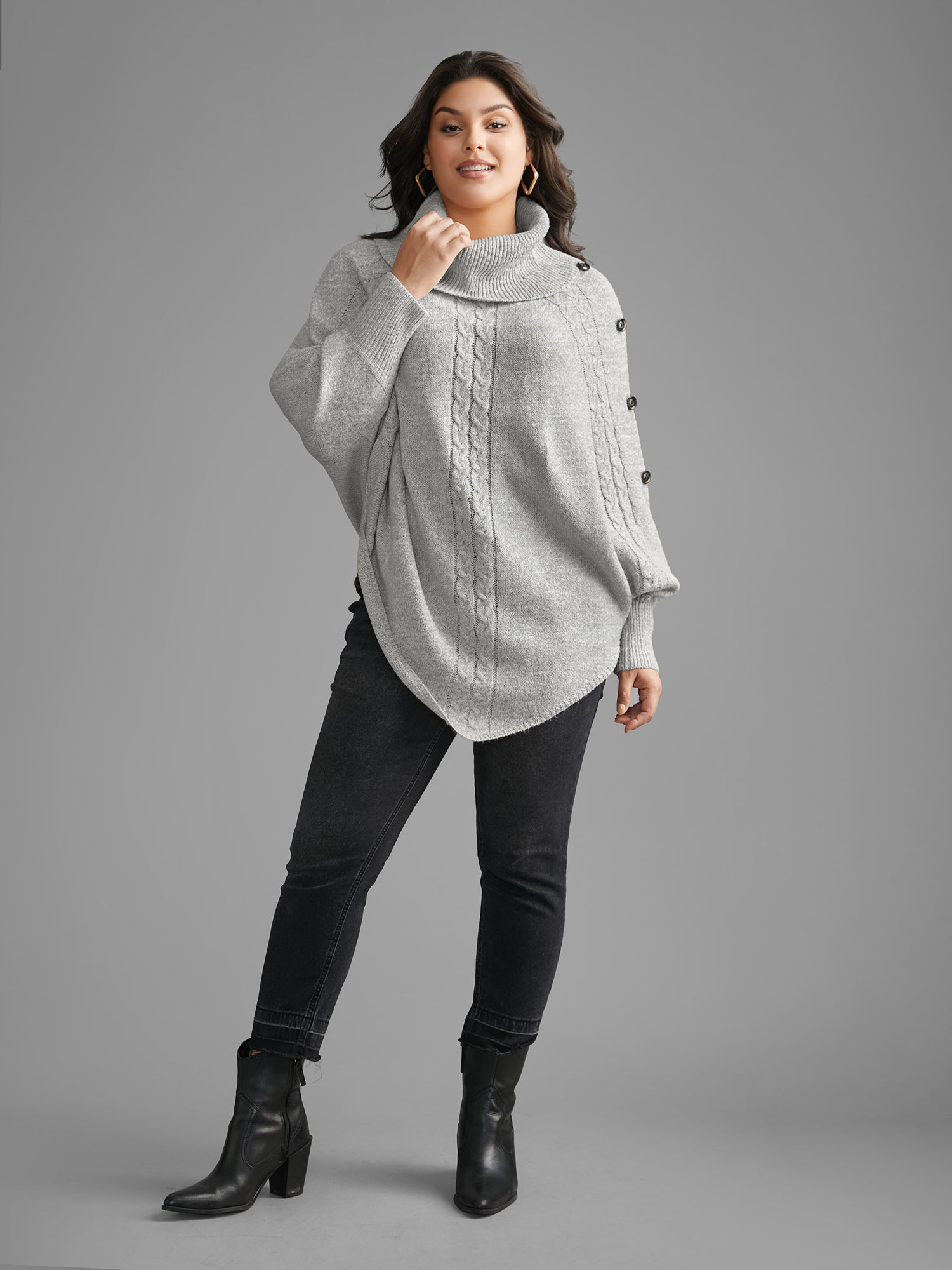 Turtleneck Cable Knit Asymmetrical Hem Pullover