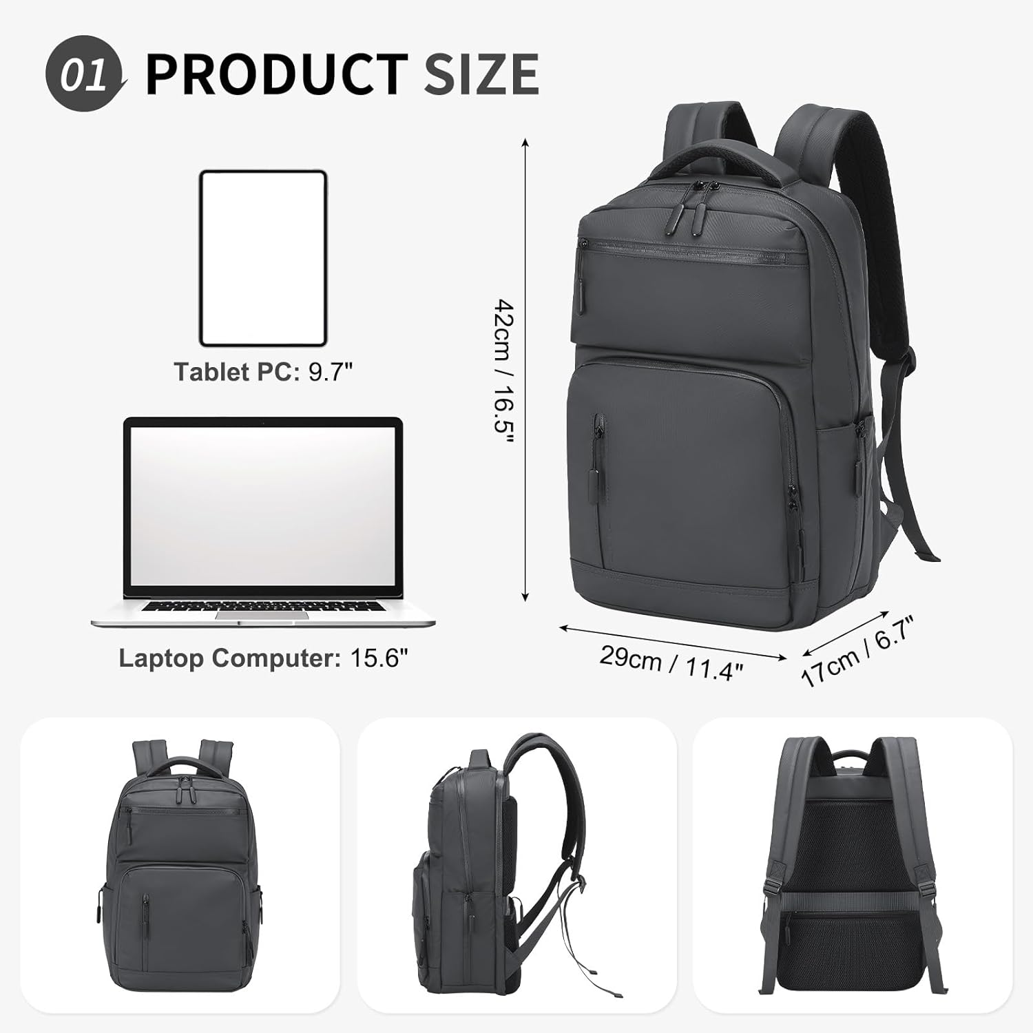Waterproof Laptop Backpack for Men & Women, Flight Approved Anti-Theft Daypack with 15.6-inch Laptop Sleeve (Black)