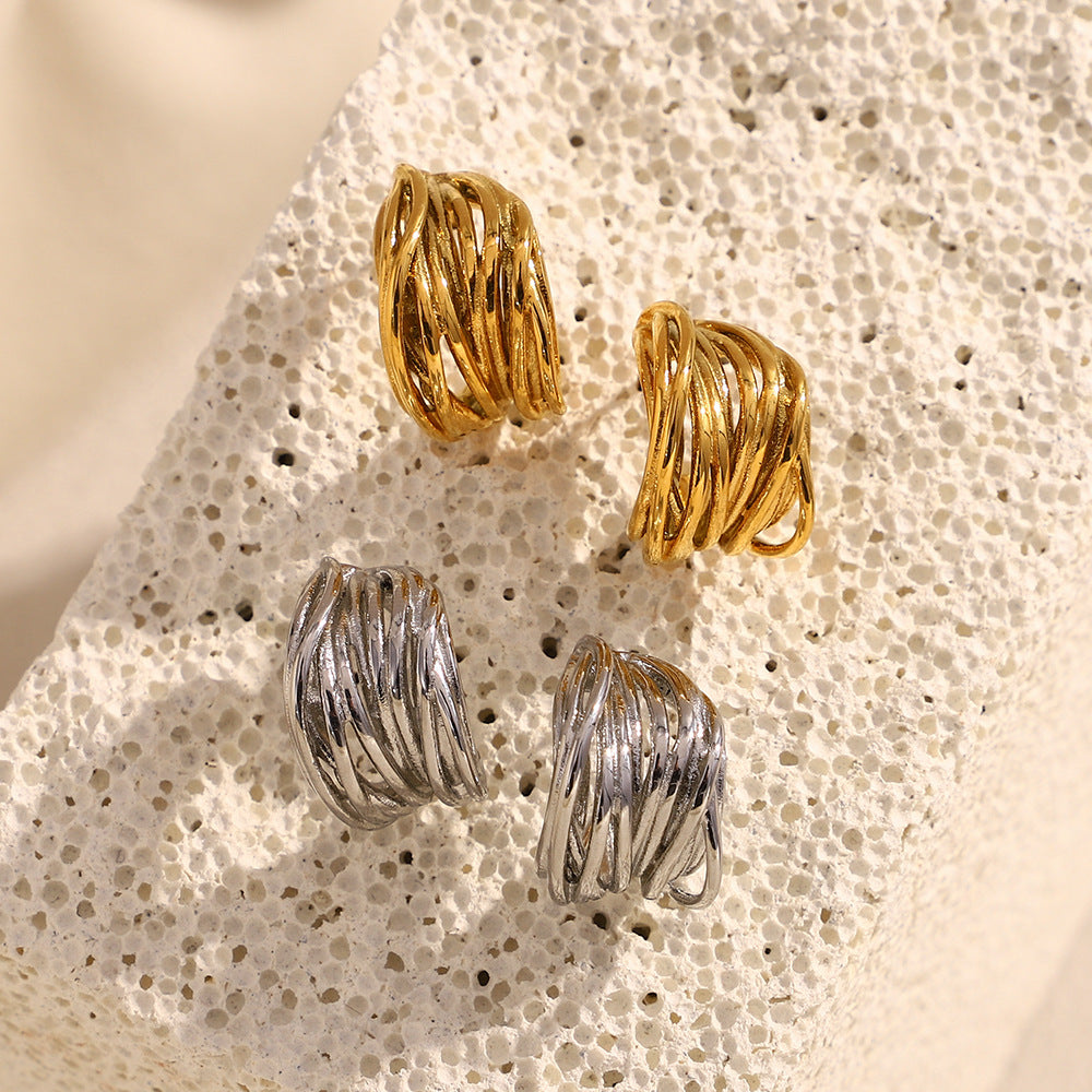 Exaggerated Stainless Steel 18K Gold Plated Flower Cherry Line Double Ring Stitching Earrings For Women