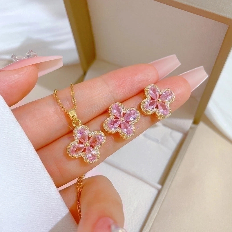 Copper Minimalist Plating Inlay Rhombus Bow Knot Zircon Jewelry Set