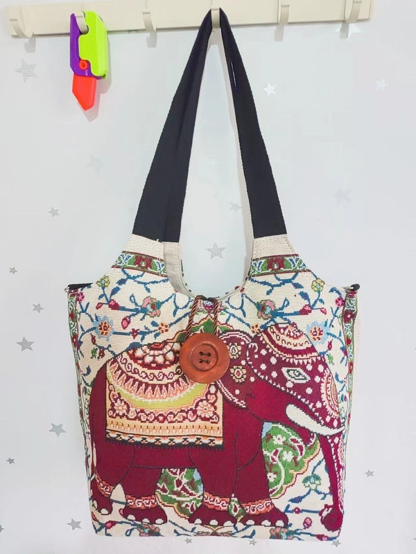 Women's Large Canvas Elephant Ethnic Style Square Zipper Shoulder Bag