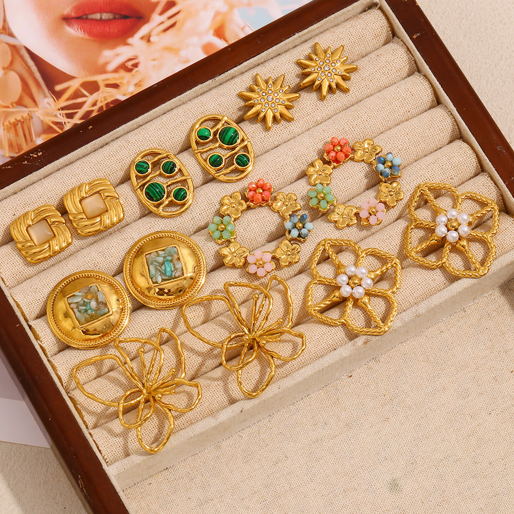 Niche Colorful Flower Hoop Earrings Stainless Steel 18K Gold Plated French Malachite Earrings