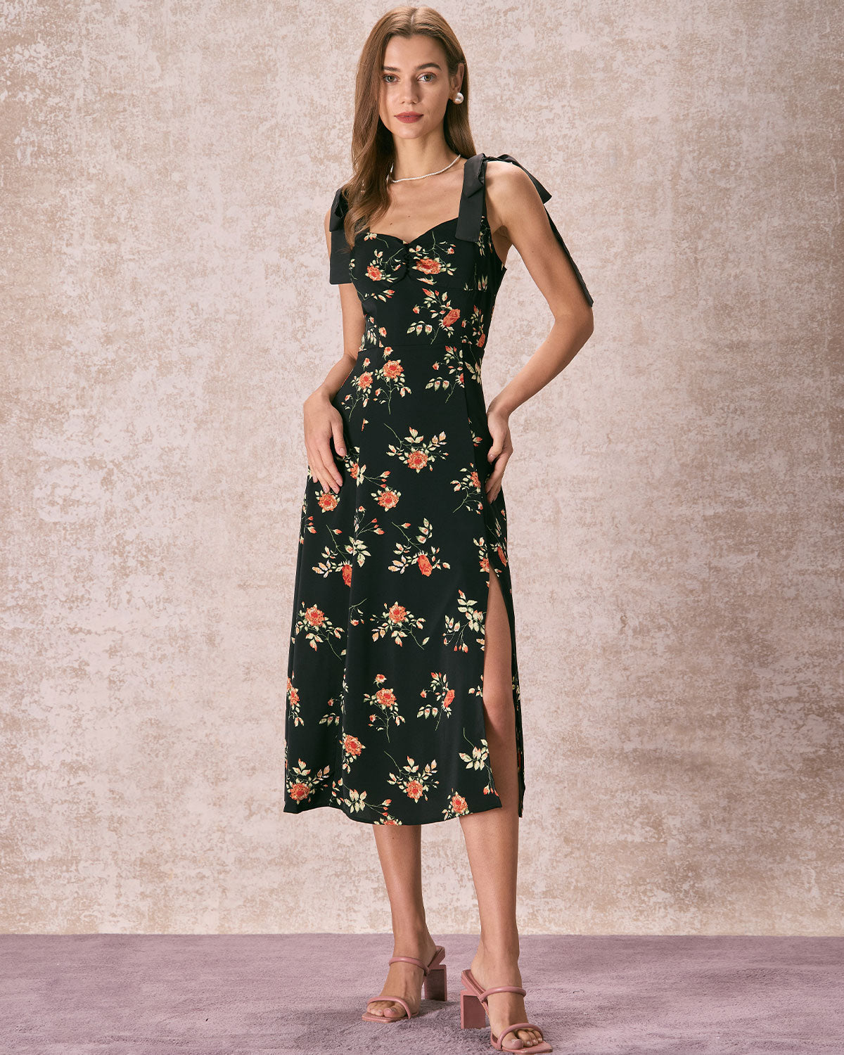 The Black Floral Ruched Tie Strap Slit Midi Dress