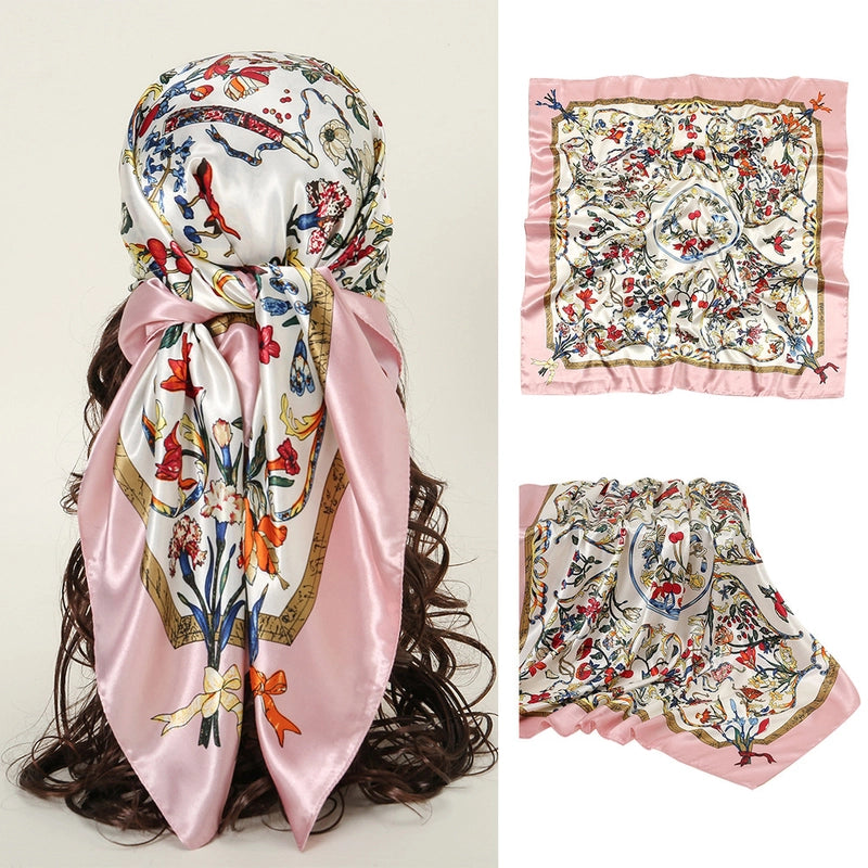 Women's Sweet Pastoral Flower Satin Silk Scarf Kerchief