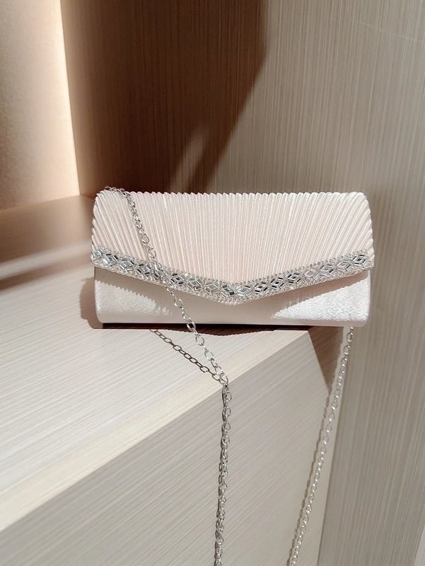 Apricot Silver Polyester Solid Color Rhinestone Square Evening Bags
