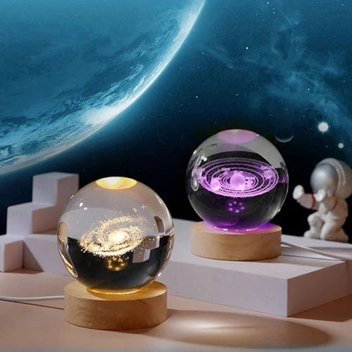 3D CRYSTAL BALL NIGHT LAMP WITH WOODEN BASE SOLAR SYSTEM CRYSTAL BALL NIGHT LIGHT. BEDROOM DECOR