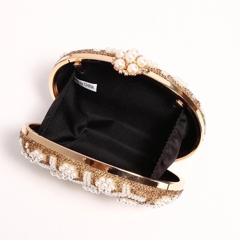 Gold Pu Leather Flower Oval Evening Bags