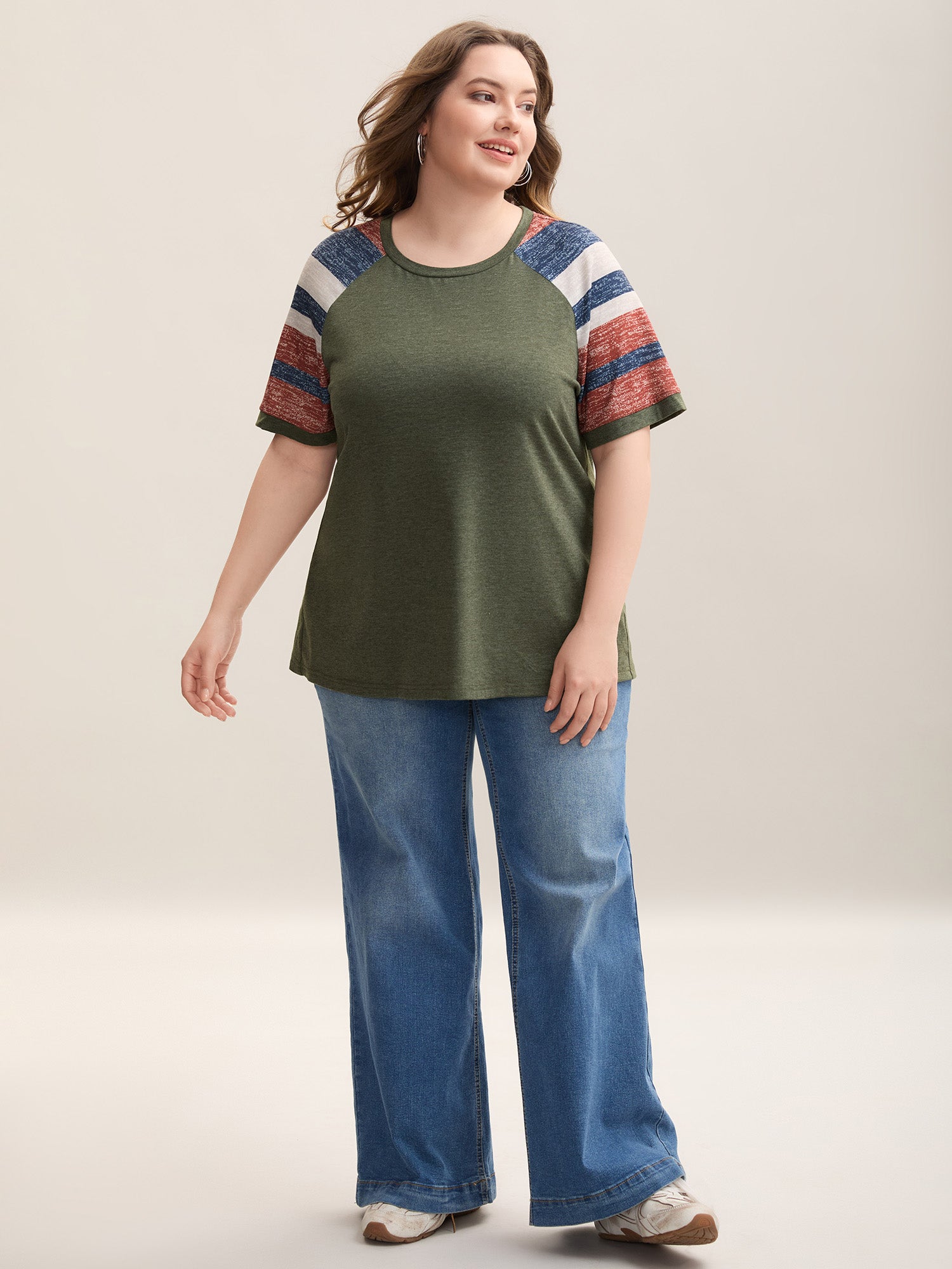 Striped Raglan Sleeve Plain T-Shirt