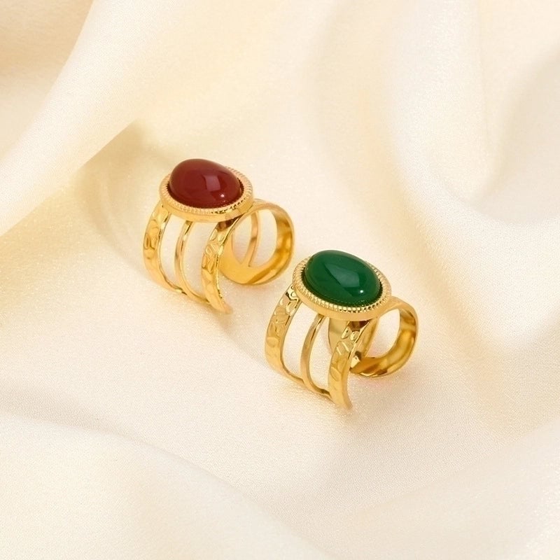 304 Stainless Steel 18K Gold Plated Retro Plating Inlay Heart Shape Solid Color Natural Stone Open Rings