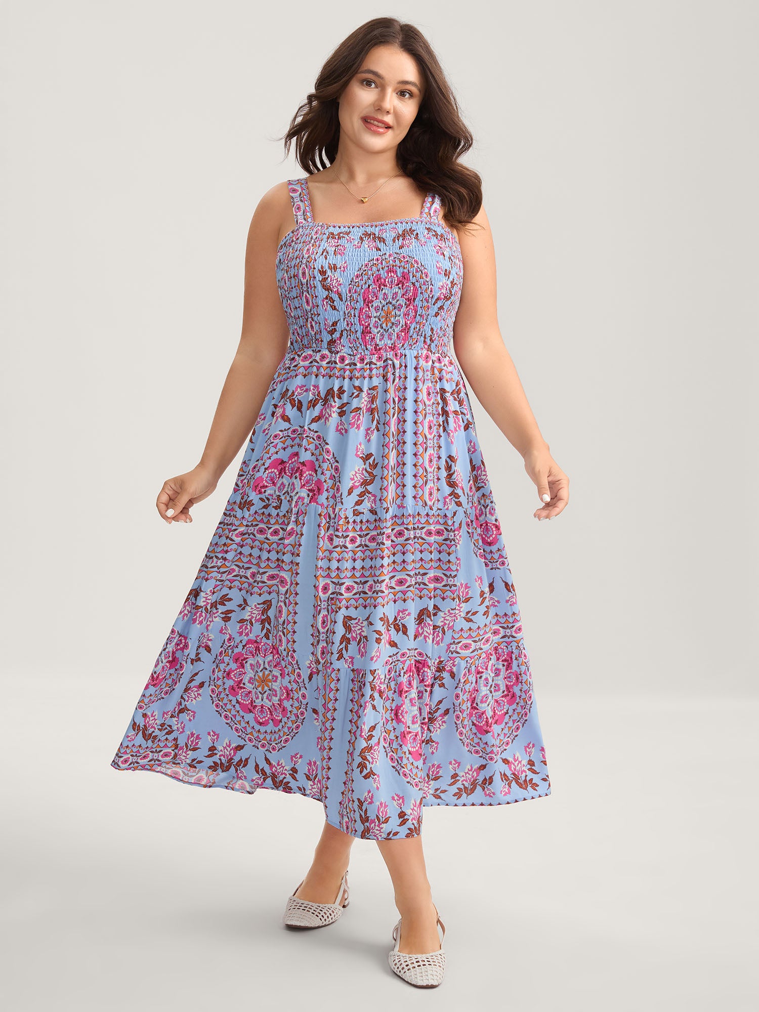 Rayon Floral Print Shirred Pockets Midi Dress