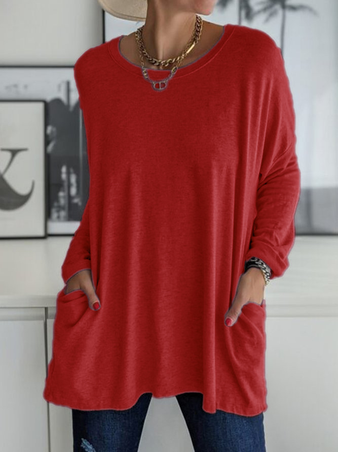 Round Neck Long Sleeve Loose Pocket Solid T-Shirt