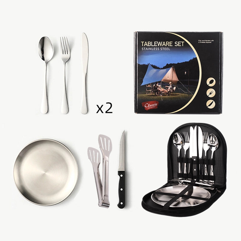 Outdoor Travel Stainless Steel Tableware Camping Picnic Barbecue Plate Clip Steak Knife. Fork And Spoon Suit Portable Storage Bag