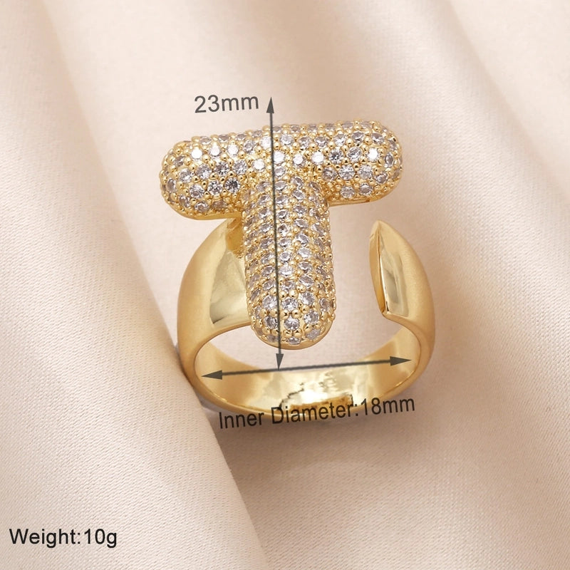 Copper 18K Gold Plated Modern Style Minimalist Plating Inlay Letter Zircon Open Rings