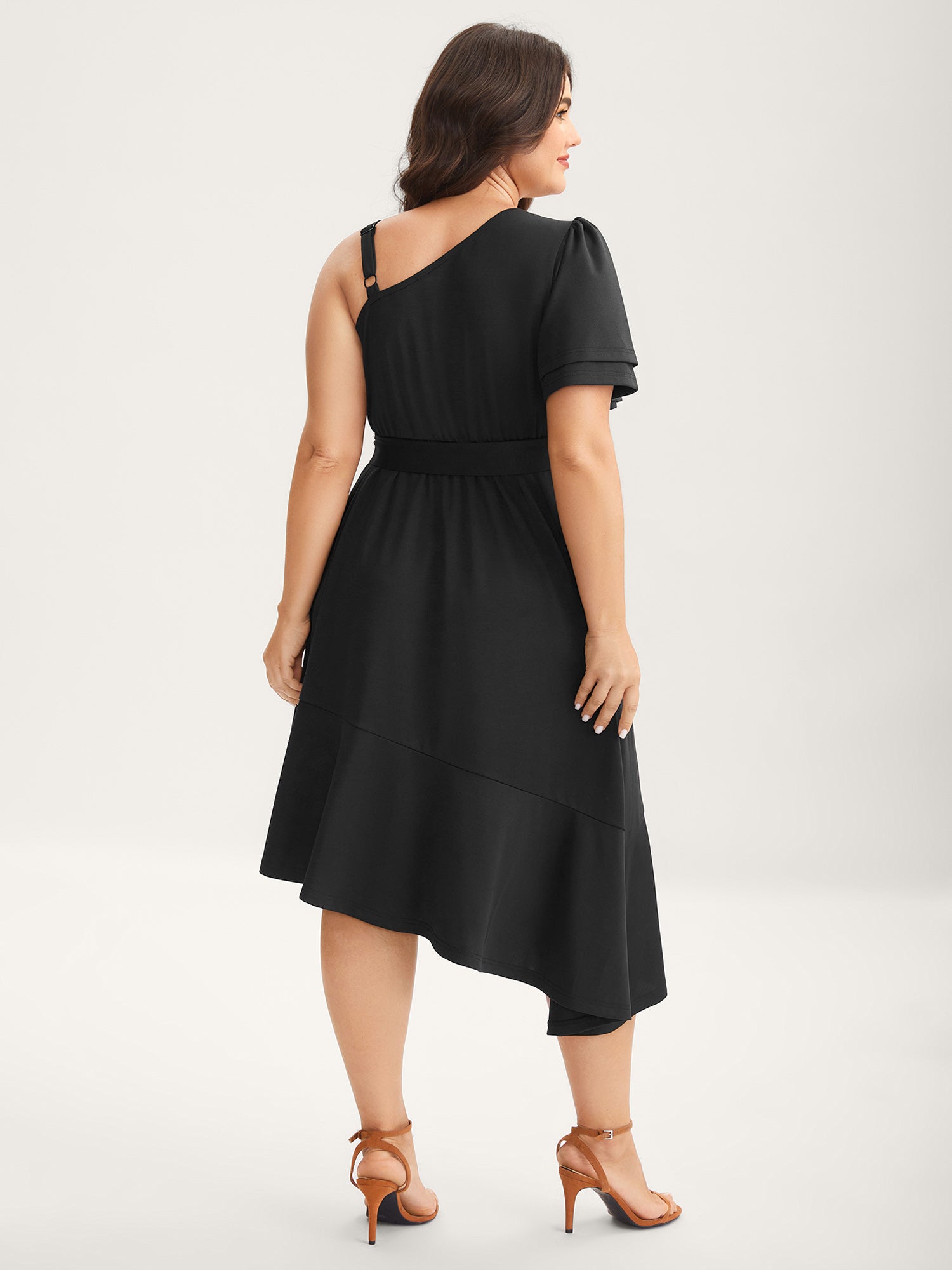 One-Shoulder Ruffled Belted Midi Dress