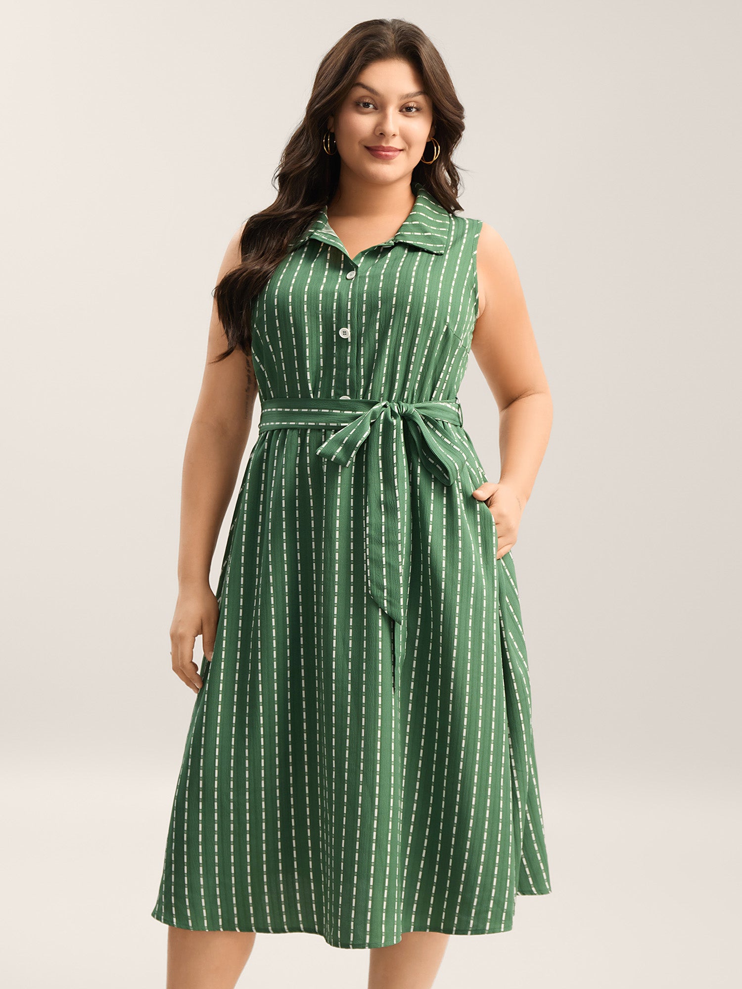 Breezy Stripes Belted Pockets Midi Dress
