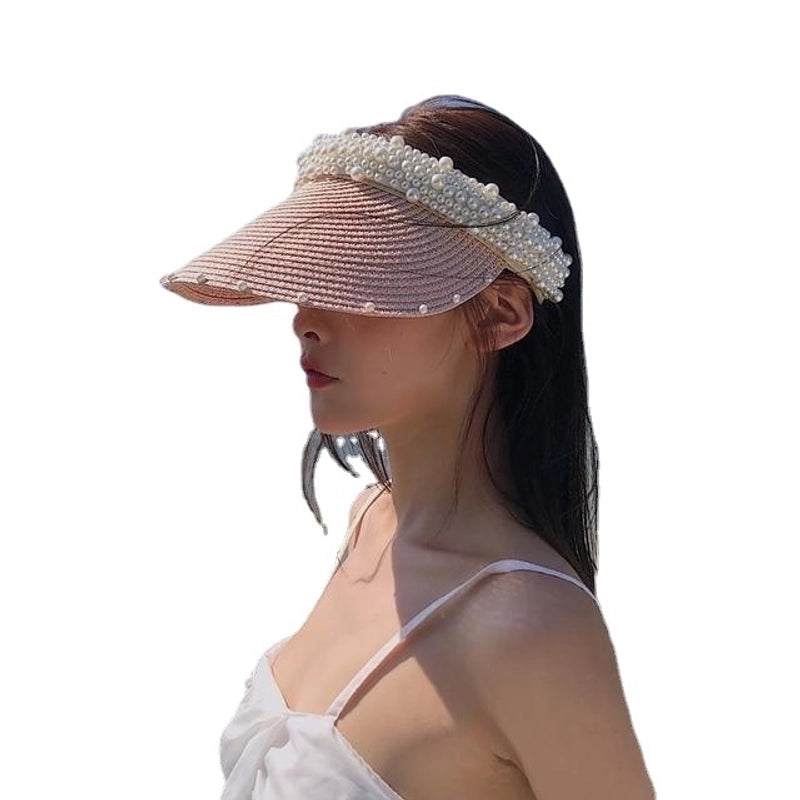 Women's Minimalist Classic Style Color Block Pearl Wide Eaves Sun Hat