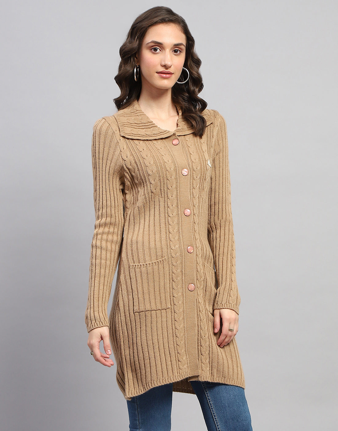 Women Brown Self Design Collar Full Sleeve Cardigan