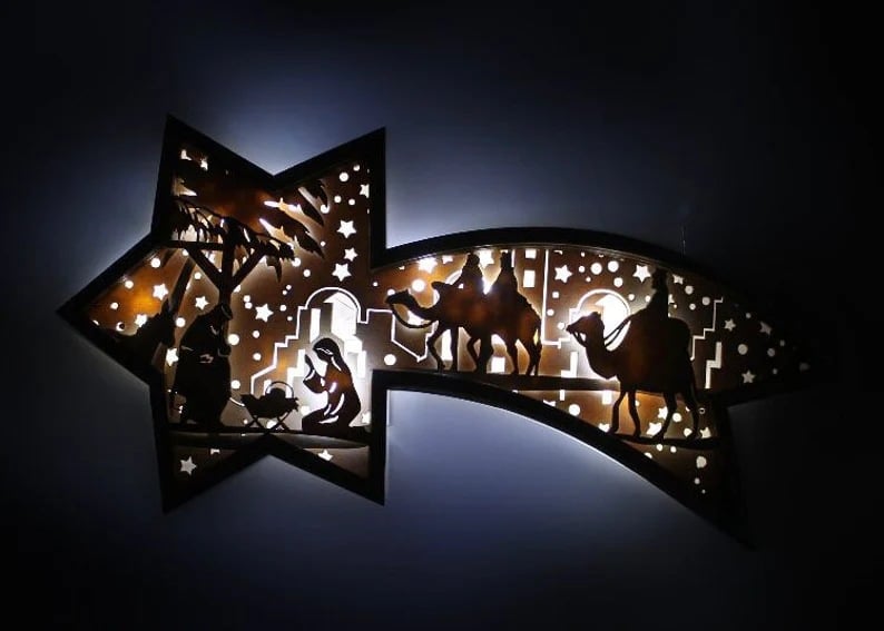 🎅LED Wooden Christmas Ornaments Nativity Scene Star Shaped Desk Lamp🌟