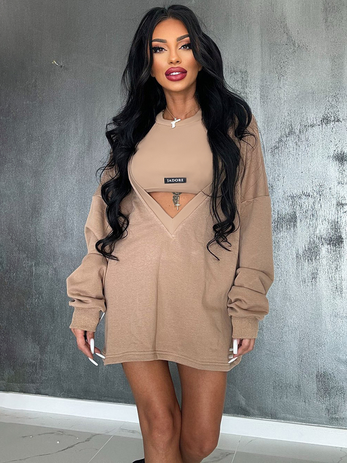 Loose Solid Color Round-Neck Mini Dresses & Vest Top Two Pieces Set