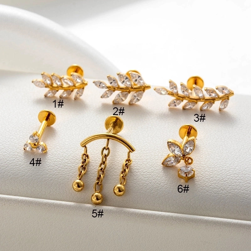 1 Piece Ear Cartilage Rings & Studs Minimalist Classic Style Leaves Chain Pure Titanium Inlay Zircon Ear Cartilage Rings & Studs