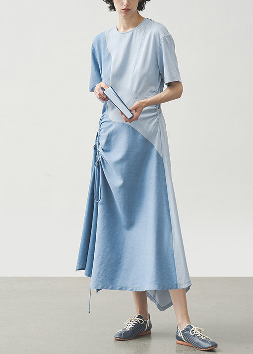 Stylish Light Blue O Neck Drawstring Patchwork Cotton Dress Summer
